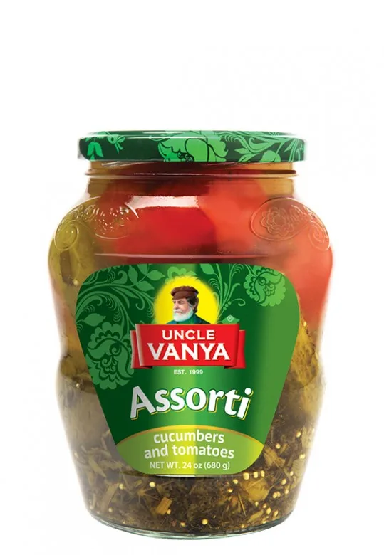 Assorted vegetables cucumbers and tomatoes 680 g jar